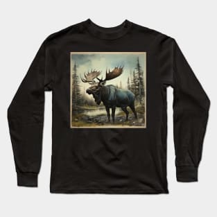 Vintage Retro Moose Illustration Long Sleeve T-Shirt